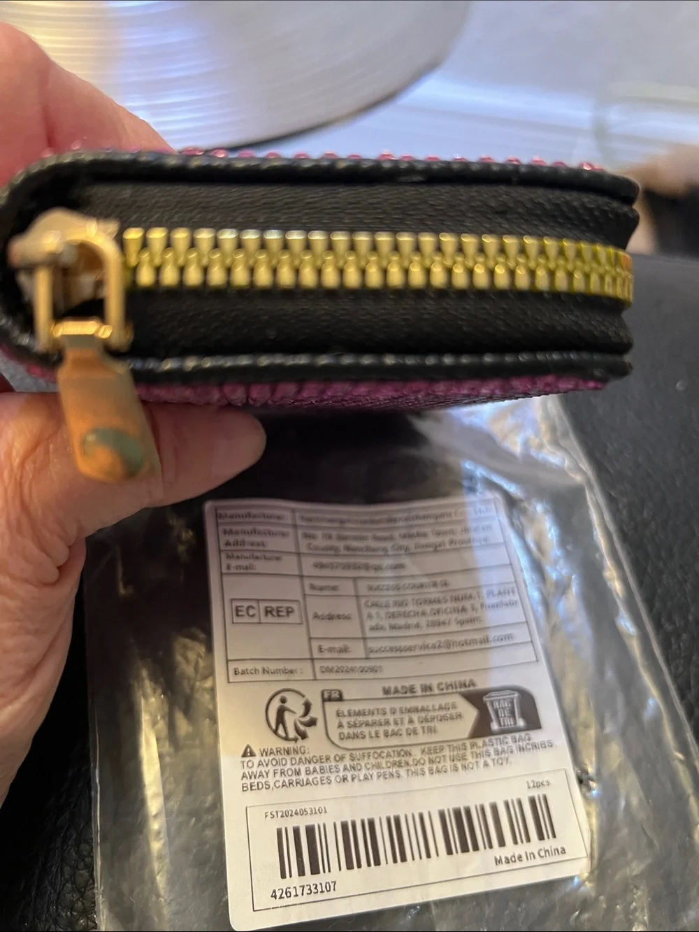 CARD HOLDER with PURPLE CRYSTALS, 11 SLOTS and ZIP CLOSE.